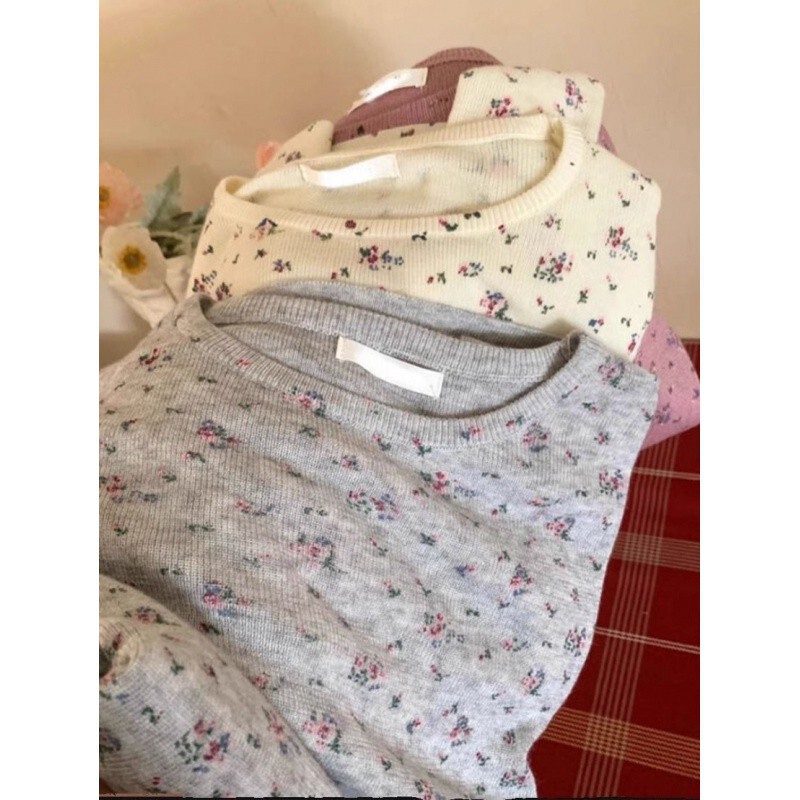 Hot Girl Floral Knitwear Women's Spring New Style Super Nice and Chic Inner Layering Shirt Slim Waist Top Trendy