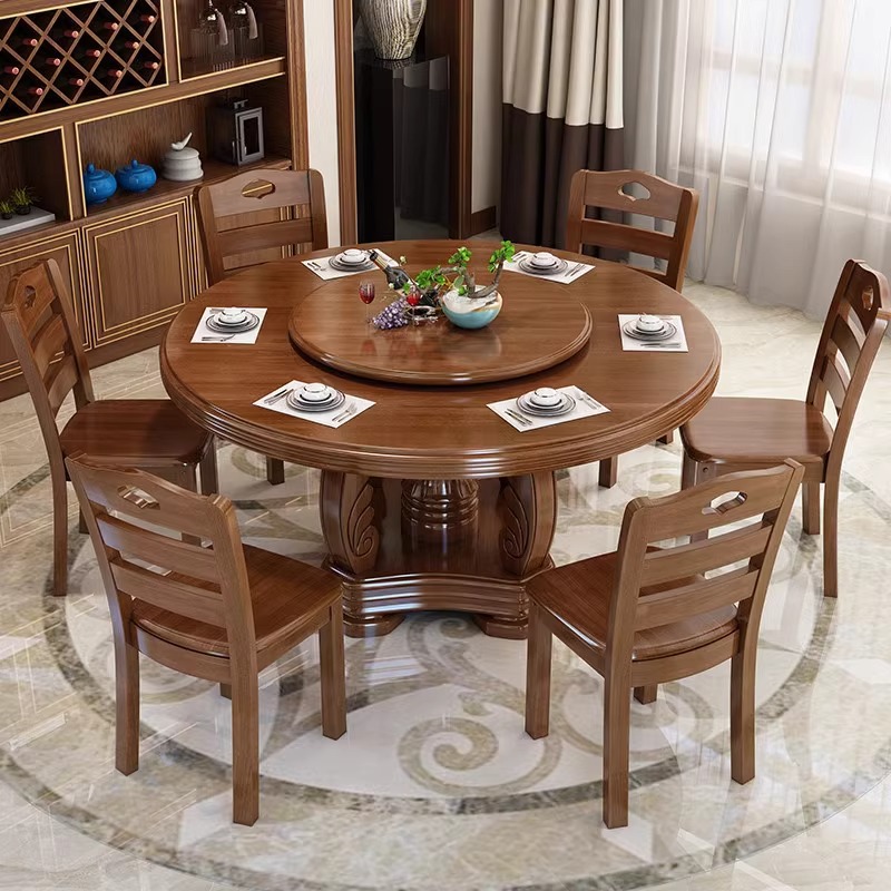 實木餐桌椅組合圓形帶轉盤橡木中式大圓歺桌飯店吃飯桌子家用餐桌