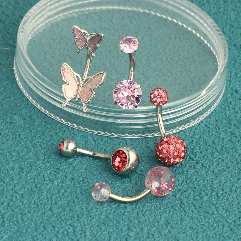 Deep Blue Butterfly Dangle Belly Button Ring Heart Shaped Navel Jewelry Stainless Steel 5-Piece Set Piercing detail image 11