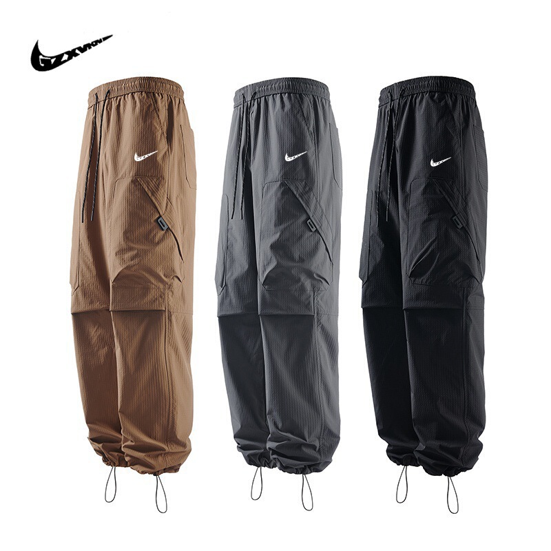 Mountain-Style Outdoor Spring and Summer Work Pants for Men, Thin Trendy Brand Loose Casual Pants with Drawstring, Multi-Pocket, Quick-Dry, Straight-Leg
