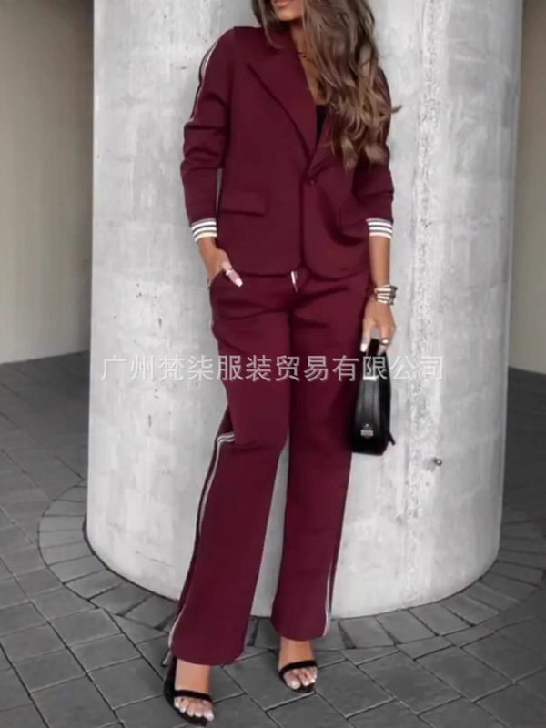 2025欧美跨境亚马逊时尚新款罗纹拼接外套休闲长裤通勤两件套套装|undefined