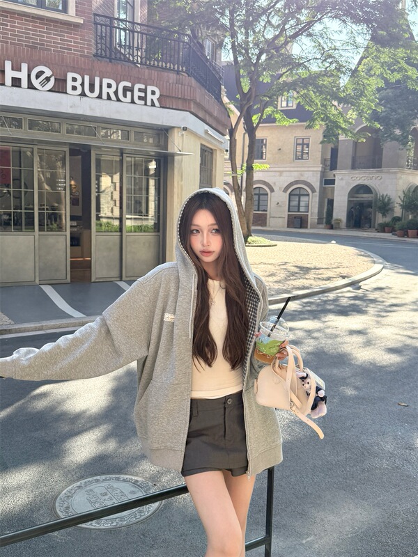 美式慵懒设计感撞色格子连帽卫衣外套女秋季宽松百搭开衫休闲上衣|undefined