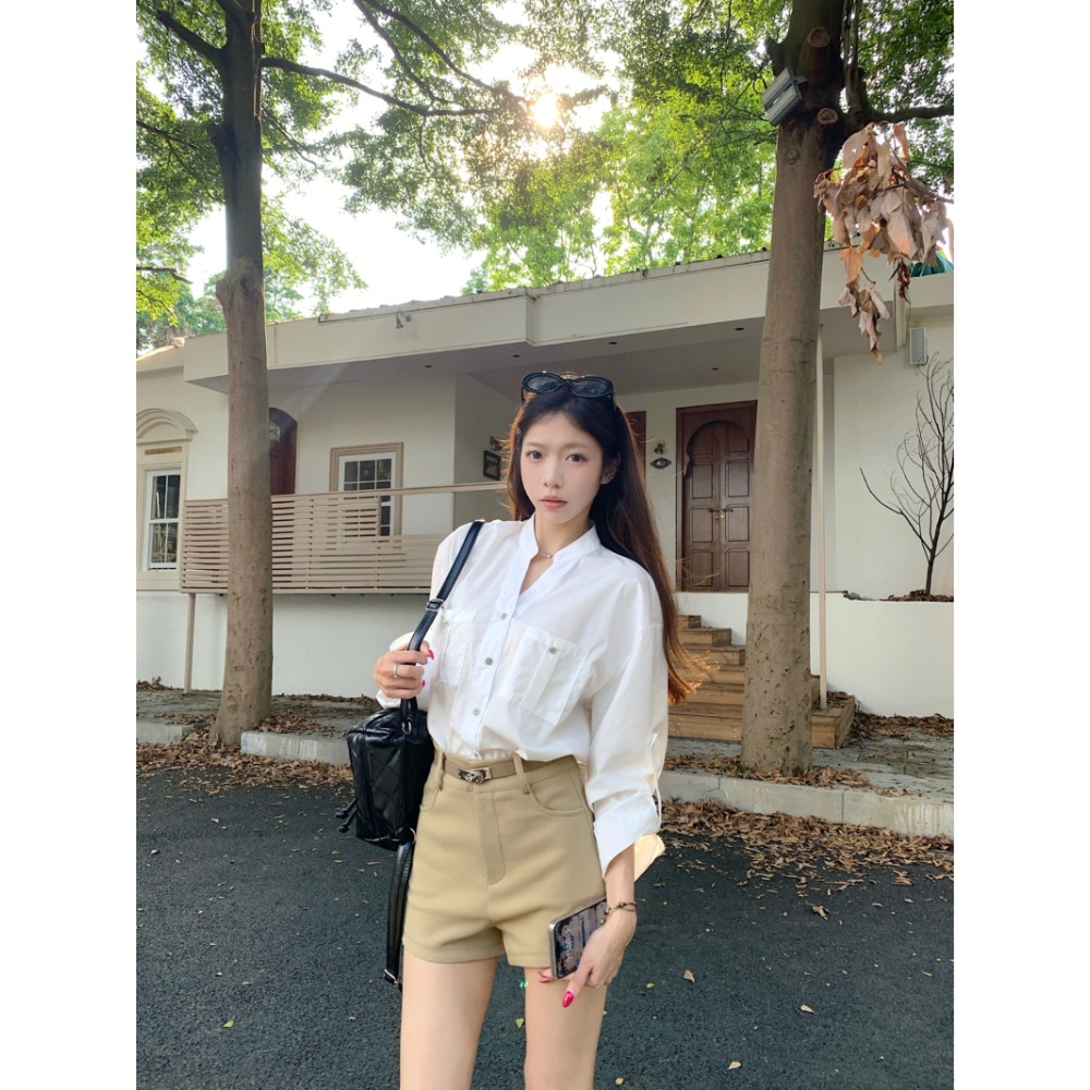 가을 여성용 우아한 화이트 브이넥 긴팔 셔츠, 슬림한 허리 셔츠, 루즈한 디자인, 독특한 출퇴근 상의