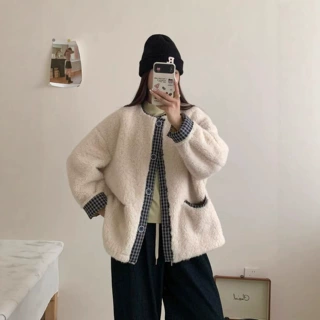 2025冬装新品 韩版小清新纯色羊羔绒加厚保暖单排扣棉衣棉服外套