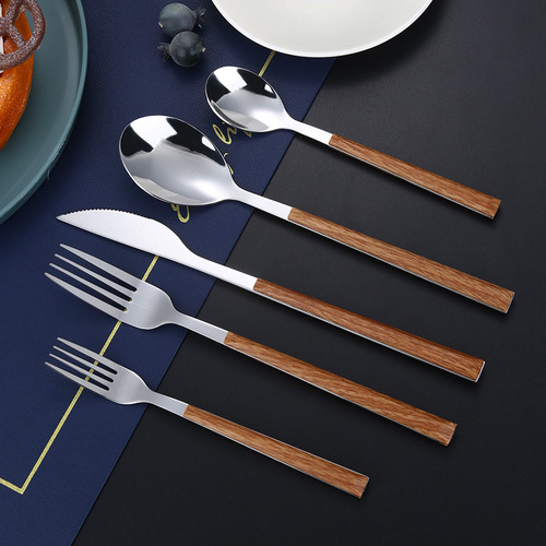 Stainless steel imitation wood grain Korean style handle knife and fork spoon dessert spoon and fork tableware set hotel retro western tableware set