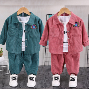 Children's handsome boys spring new corduroy zipper long sleeve casual sports two-piece spring and autumn suit wholesale