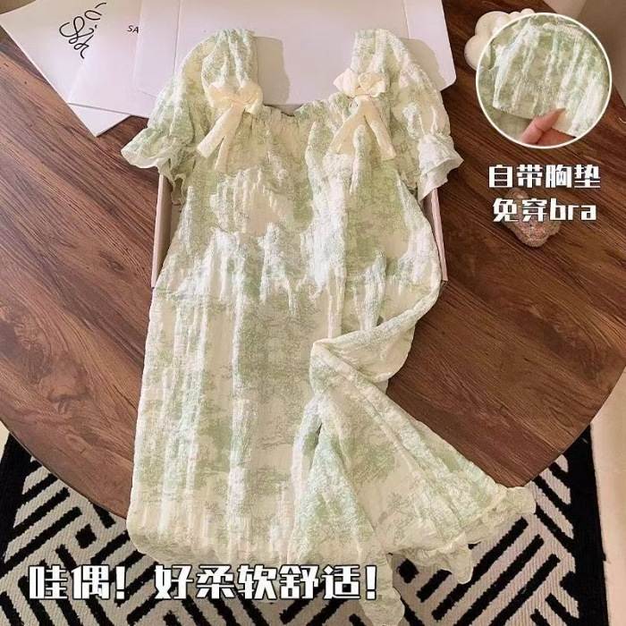 2025 verano pijama de mangas cortas mujeres cojín de pecho nubes pijama de algodón dibujos animados pequeños vestidos de chicas frescas ropa para el hogar