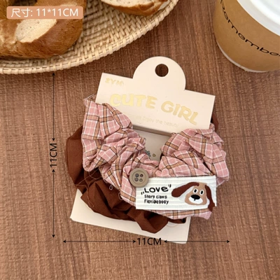 Vintage Bear Fabric Label Hair Tie College Style Pattern Fabric Scrunchie Versatile Hair Rope Ponytail Hair Accessory for Girls (Saç üçün rezinlər) - 1-brown-pink-plaid-puppy-washed-hair-tie