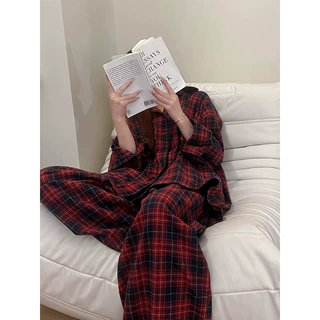 新年穿搭复古撞色格纹翻领睡衣女春秋季新款舒适外穿家居服两件套