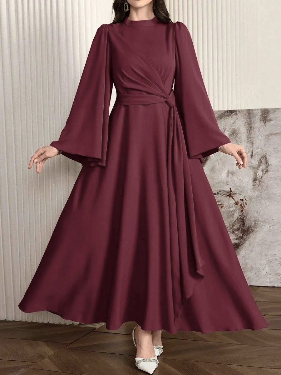 Women's Solid Color Long Sleeved Casual Maxi Dress Slim Fit Stand Collar Back Zipper New European American Style_ecoleips.com