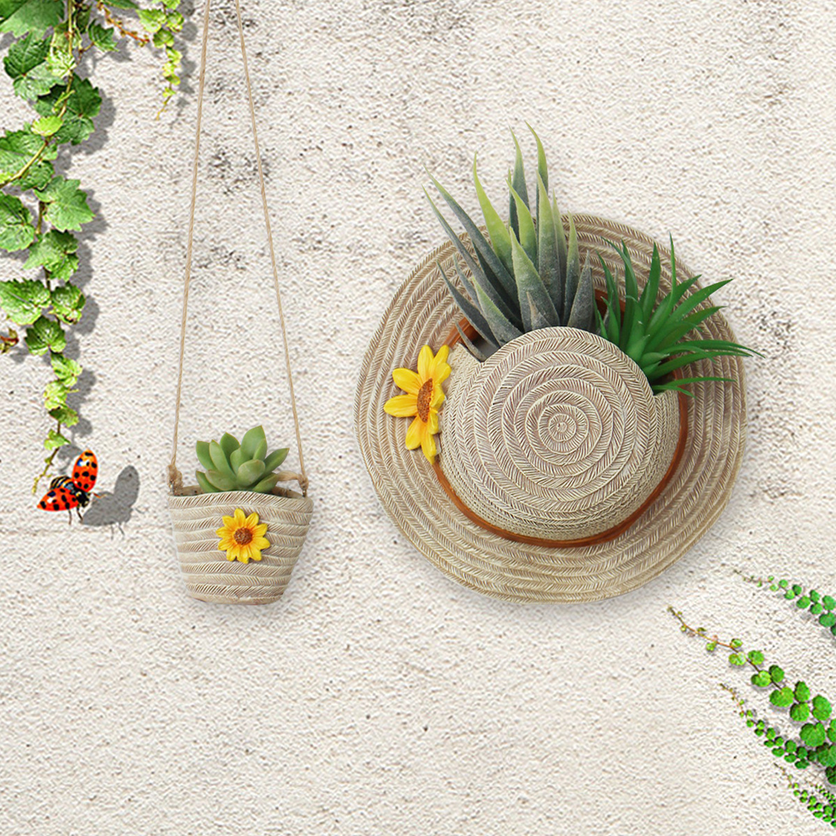   simulation straw hat bag modeling flowerpot small bunch of flowers home decoration wall decoration resin crafts now