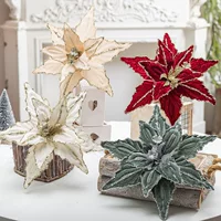 Вельветовая декоративная poinsettia (цветок) 26 см, блестящая окантовка, красный/зеленый/платиновый/шампанское золото
