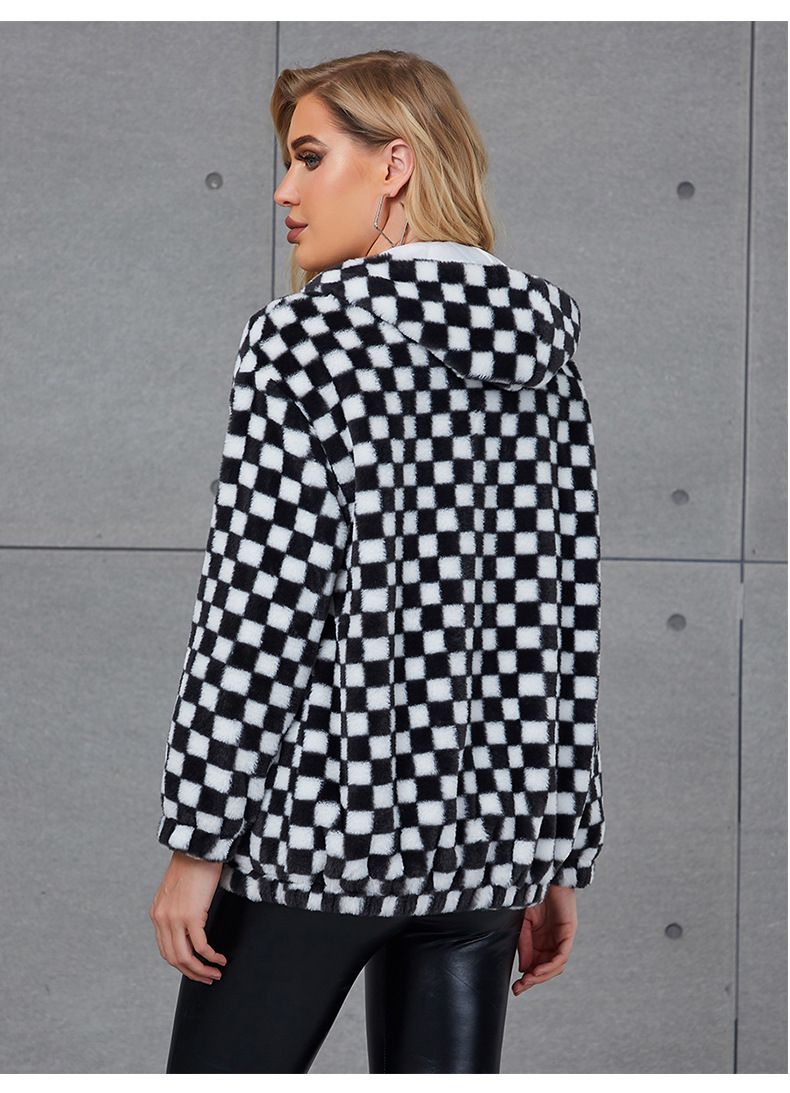 Women's imitation fur outerwear black and white checked short coat_voghion.com