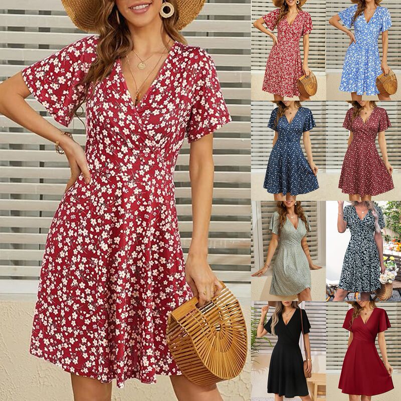 Summer New Women's Floral Short-Sleeve Wrap V-Neck A-Line Dress