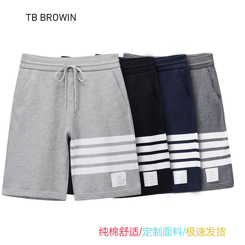 Tb Browin In-Stock 2025 Summer New Pure Cotton Sweatpants Korean Version Casual Yarn-Dyed Four-Stripe Shorts