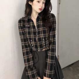 2026秋季设计感小众别致拉链法式复古格子衬衫女长袖短款露脐上衣