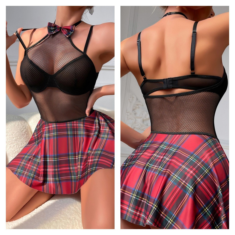 유럽과 미국의 섹시한 속옷 낚시 그물 원피스 세트 섹시한 여성 유니폼 유혹 잠옷 3 피스 세트 재고