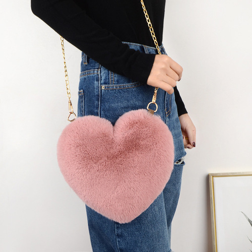  New Heart-Shaped Bag, Rabbit Fur Style Cute Fashion Heart Bag, Ladies Handbag Heart Plush Bag for Women