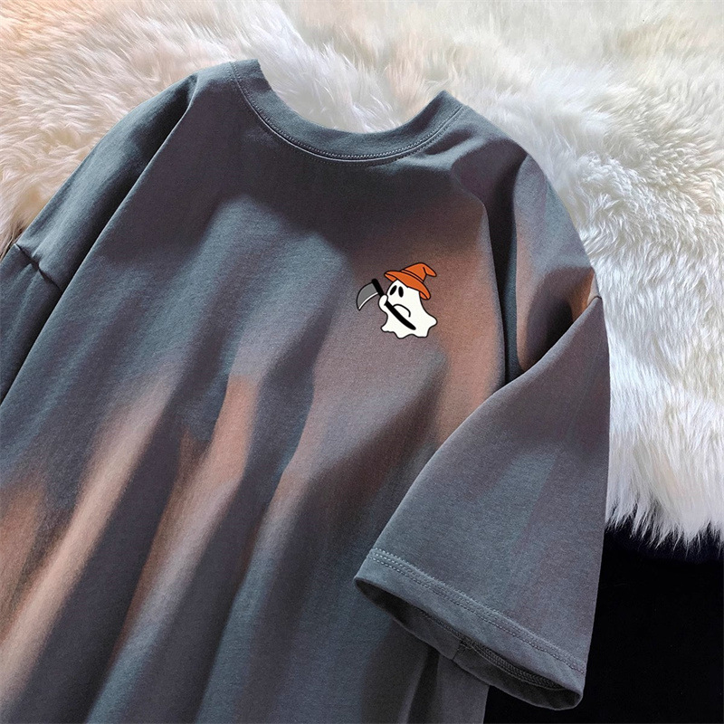 Summer Heavyweight Short-Sleeved T-Shirt for Boys, Versatile Trendy Brand Ghost Print American High Street Hong Kong Style Pure Cotton Half-Sleeved T-Shirt