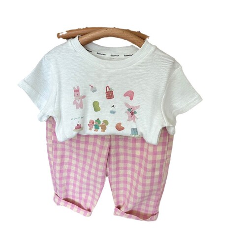 2024 Spring New Girls' Cartoon Short-Sleeve T-Shirt Cute Cartoon Print Summer Short-Sleeve Top Striped Pants Set