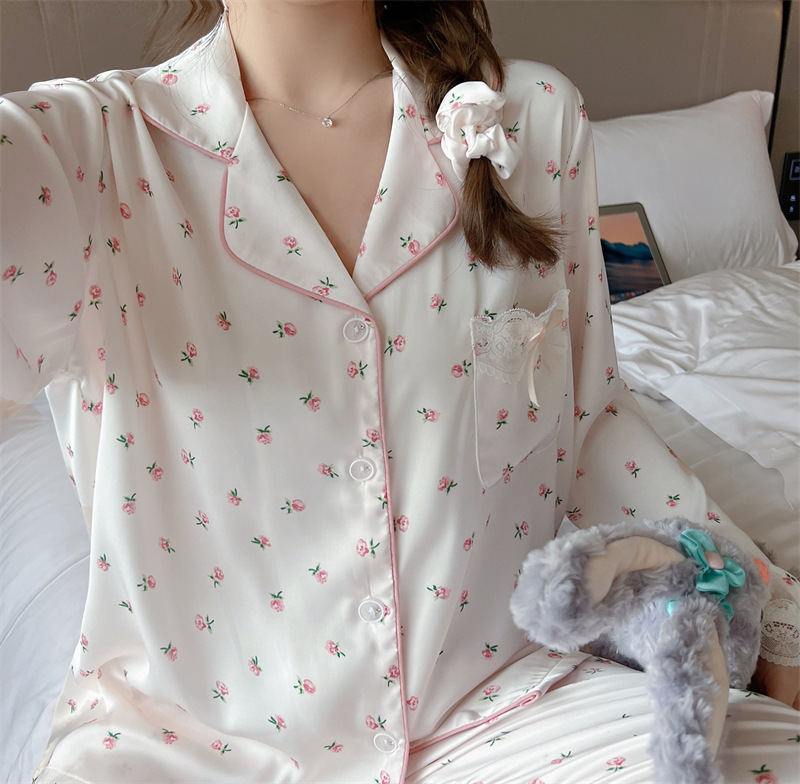 春秋睡衣女丝绸小碎花甜美韩版家居服长袖长裤薄款套装一件代发/