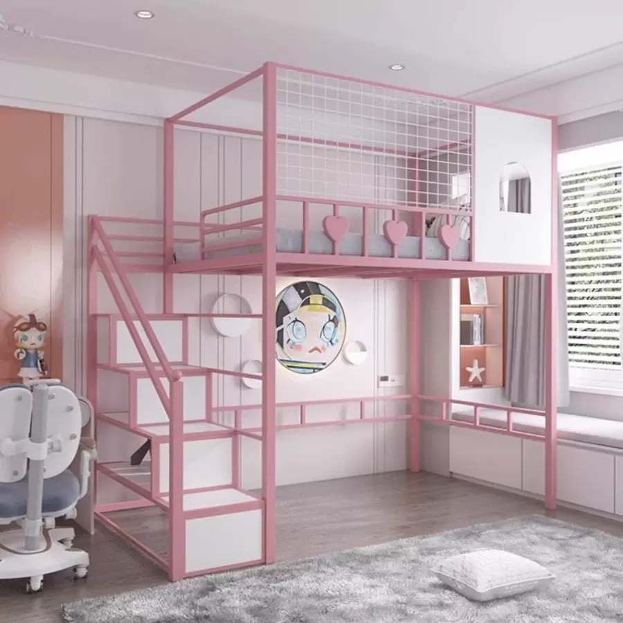 高架床省空间复式二楼床单上层铁架床上下铺儿童阁楼床粉色公主床