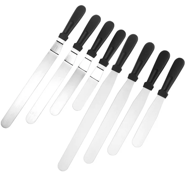 Factory Price running volume 0.7mm stainless steel plastic handle cake cream spatula straight curved kiss Knife Baking DIY tool