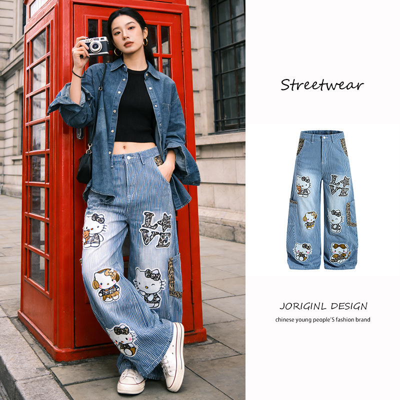 Cartoon Anime Leopard Print Multi-Pocket Design Straight-Leg Jeans for Men, New Spring Striped Embroidered Wide-Leg Pants for Women Cartoon Anime Leopard Print Multi-Pocket Design Straight-Leg Jeans for Men, New Spring Striped Embroidered Wide-Leg Pants for Women