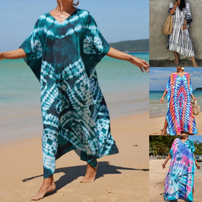 2026 European and American Amazon Beach Print Robe Dress Seaside Vacation Casual Long Dress Bikini Sun Protection Shirt