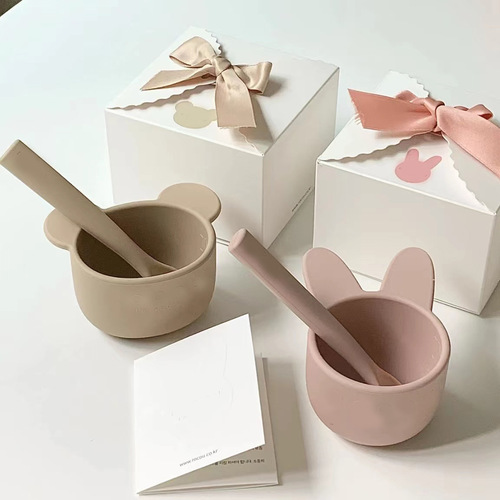 ins Korean baby baby food supplement special bowl spoon tableware mat set silicone children's anti-fall bowl tableware
