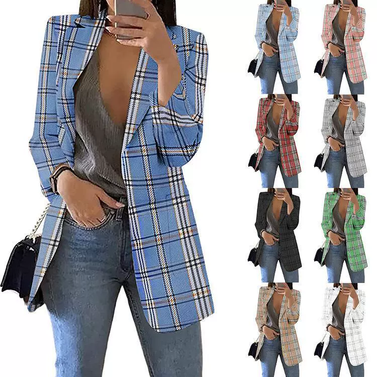 亚马逊2022新款欧美时尚格纹休闲西服翻领修身开衫西装外套女春秋