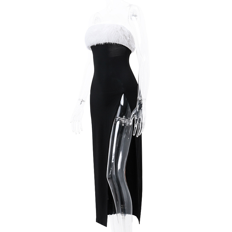 Winter Sexy Sexy off Shoulder Furry Tube Top Slit Dress Women