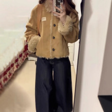 复古加绒加厚麂皮棉衣外套女冬季2025新款小个子翻领保暖短款上衣