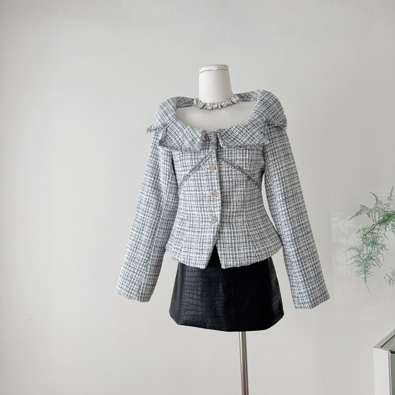 Ruffled Square Collar Waist-Cinching Tweed Braided Short Jacket