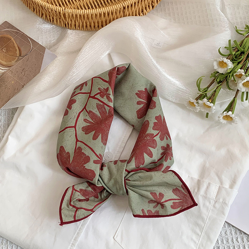 Bufanda de seda, bufanda cuadrada pequeña, nueva bufanda de seda literaria fresca, bufanda, bolso floral dulce, pañuelo en la cabeza, cinta para el cabello, serpentinas para el cabello