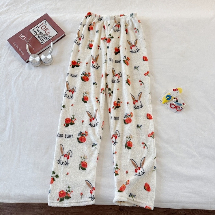 Invierno nuevo pantalones cálidos de franela estilo de caricatura coreano para mujeres más grueso y terciopelo cálido para el hogar pijamas de lana se pueden usar fuera