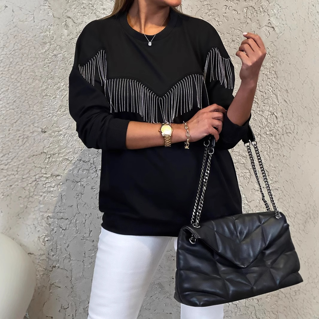 Women's Elegant Basic Long Sleeve Tops With Fringe Detail, Round Neck Pullover For Casual Daily Wear_ecoleips.com