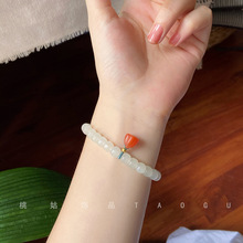 典润珠宝 天然和田玉藕白手链女单圈手串 南红莲蓬配饰玉石