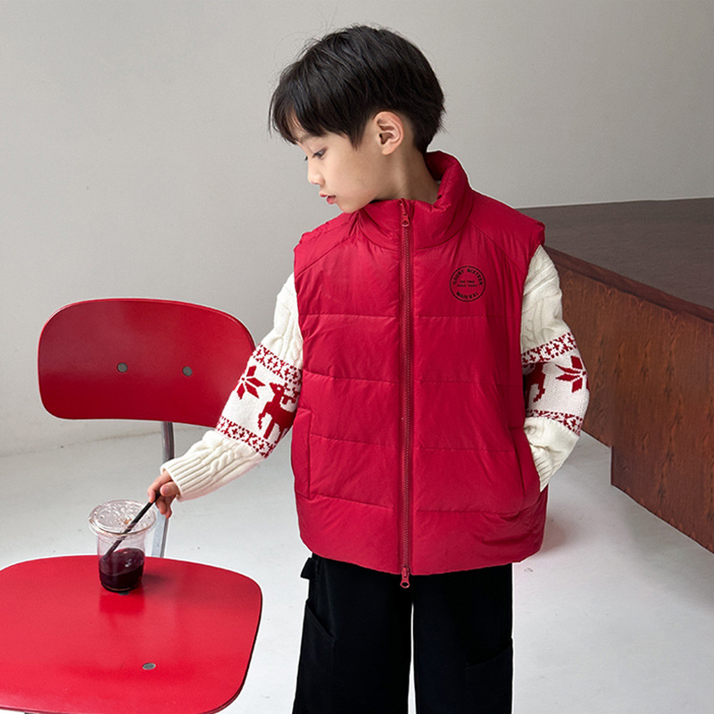 Chaleco de pluma para niños 2025 otoño y invierno nuevo chaleco caliente de cuello rojo para niños image 9