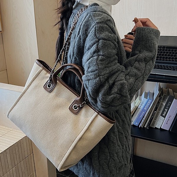 欧美帆布包女士2025新款水桶包手提包单肩包斜挎包链条包托特包|undefined