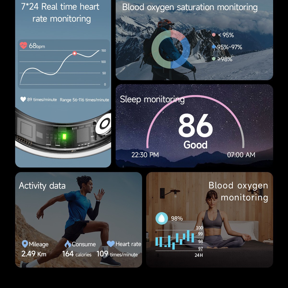 Anillo inteligente transfronterizo frecuencia cardíaca oxígeno sanguíneo sueño detección de salud tecnología negra Bluetooth pulsera deportiva puede cepillar video