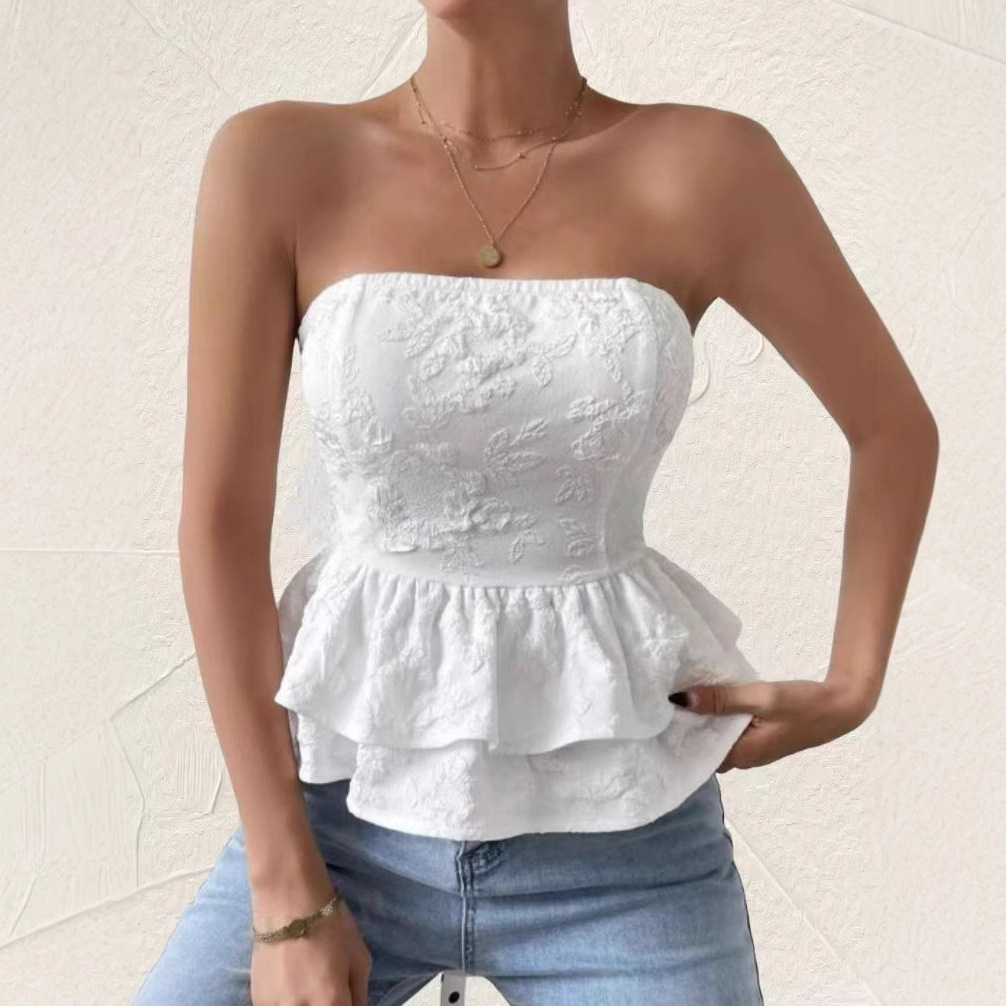 2025法式纯欲风一字肩提花抹胸背心女夏小众设计感荷叶边绑带上衣