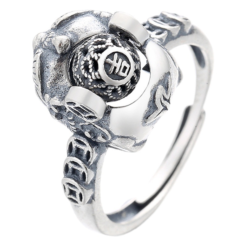 Yun Chao Xuan S925 Sterling Silver Vintage Style Auspicious Pixiu Lucky Fortune Ring with Open Design