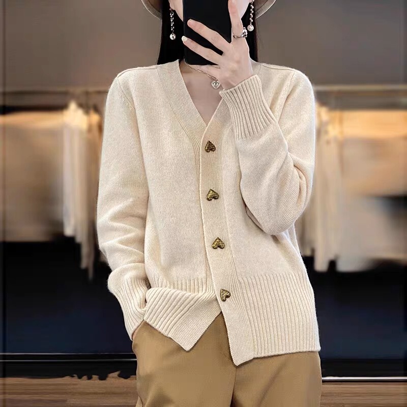 欧美跨境外贸秋冬新款纯色简约针织开衫女爱心扣长袖宽松毛衣外套|undefined