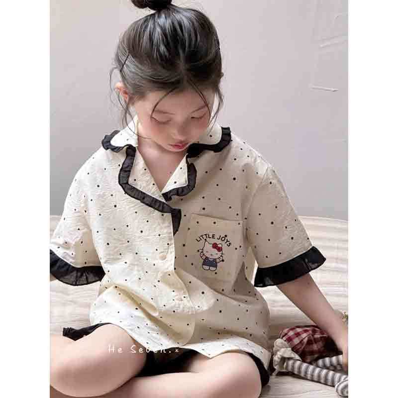 Children's Korean Polka Dot Cartoon Kt Cat Pajamas Girls Summer Short-Sleeved Shorts Lace Kidsren's Clothing Home Wear Set