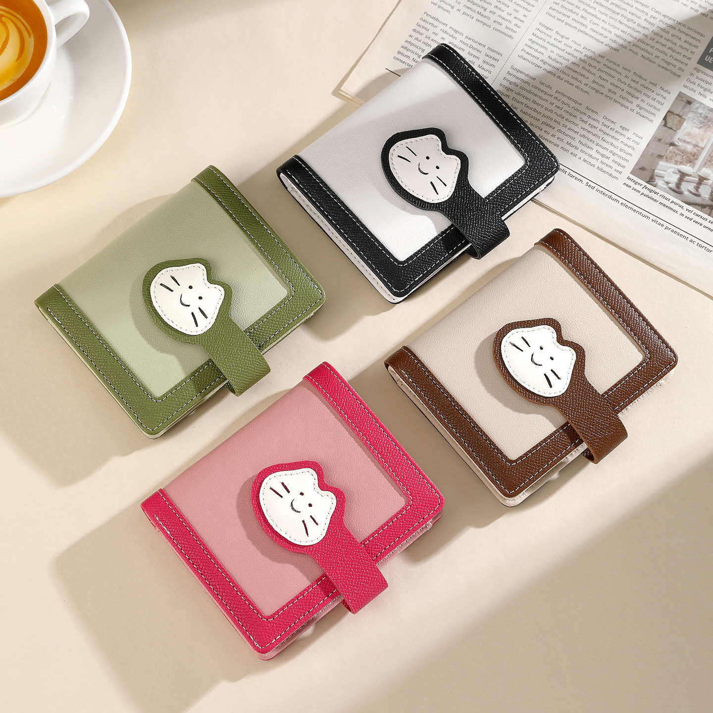 Multi-tarjeta estudiantes adorables gatos hebilla corta pu billetera transfronteriza simple tres por ciento billetera damas