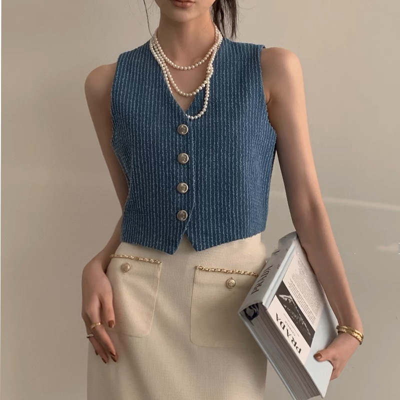 High-end French-style Elegant Denim Blue Tweed Chanel Vest Women's Spring Ins