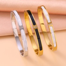 跨境爆款不锈钢镶三钻白贝母手镯 欧美女式时尚个性手环真空镀18K