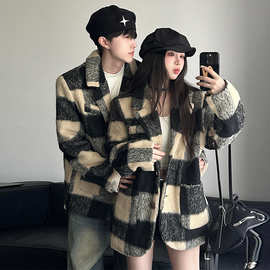2023秋冬季小香风情侣装复古西装外套毛呢男格子冬季加厚夹棉大衣