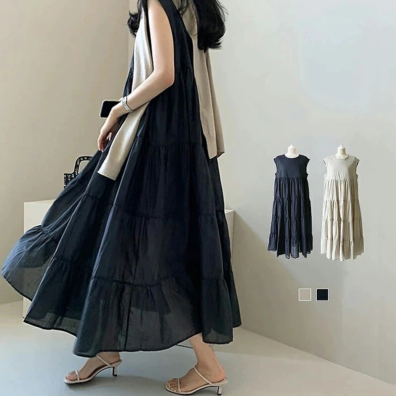 Spot Good Quality 2024 Summer New Chiffon Splicing Pullover Solid Color Sleeveless Long Skirt for Women